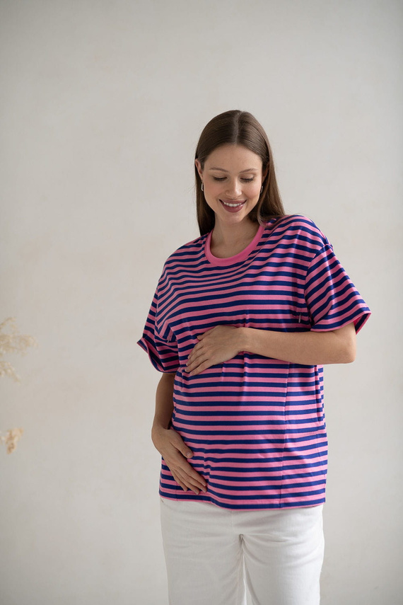 Тениска за бременни и кърмачки Mamahood Milk&Love на розово и синьо райе - удобна и стилна