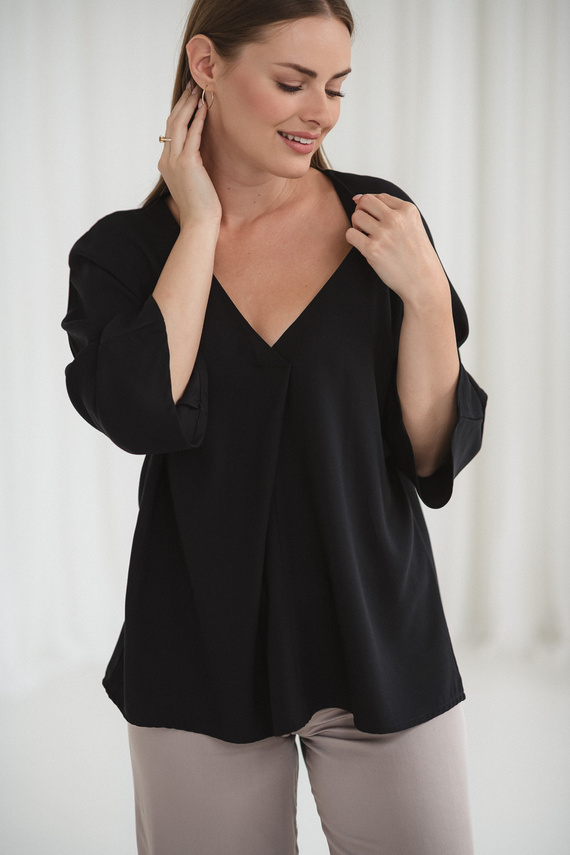 Блуза за бременни и кърмачки Mamafullness Milk&Love, черно – вискоза, 3/4 ръкав, oversize