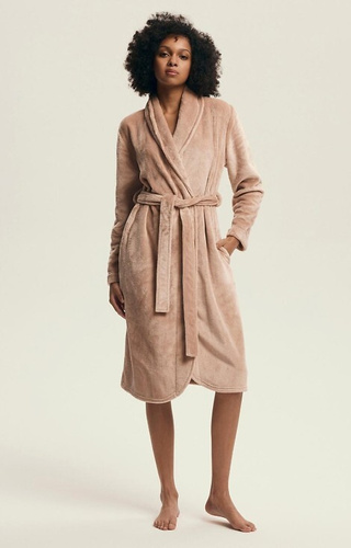 43595 Дамски халат Dextra Henderson в прасковен цвят – мек, с връзки, под коляното