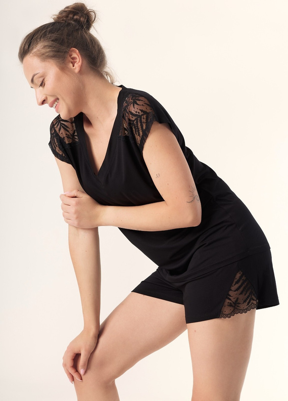 Дамска пижама Petra PC71 Mefemi Nipplex, черна - вискоза, дантела, къс ръкав