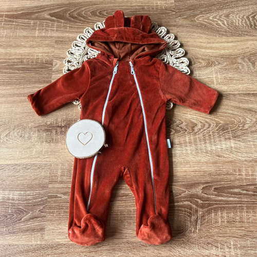 Mamatti VELVET KB005 Двуслоен бебешки гащеризон от памук с качулка и ушички, канелен
