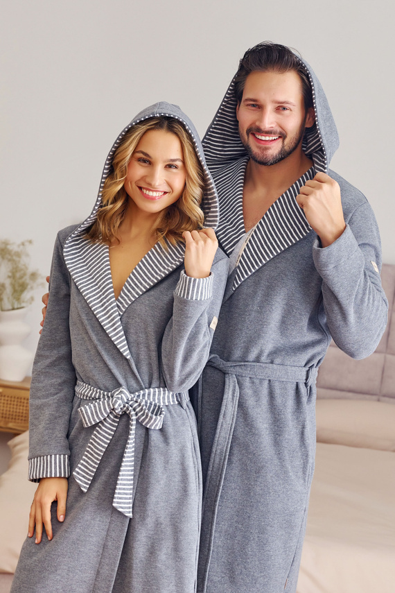 7229 Дамски халат Doctor Nap - памук, качулка, елегантни покрития - тъмно сив
