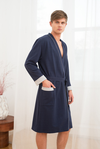 Gabriel Мъжки халат за баня с джобове Италианска мода - тъмно синьо/меланж