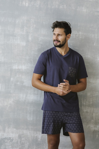 Diaz Мъжка пижама с къс ръкав, къси панталони Италианска мода - морско синьо/принт