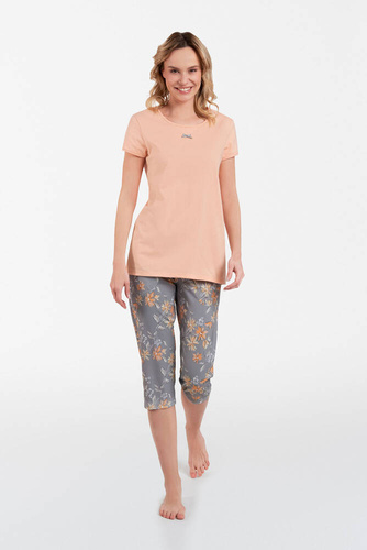 Kasali Дамска пижама с къс ръкав и 3/4 панталон Италианска мода - сьомга/принт 