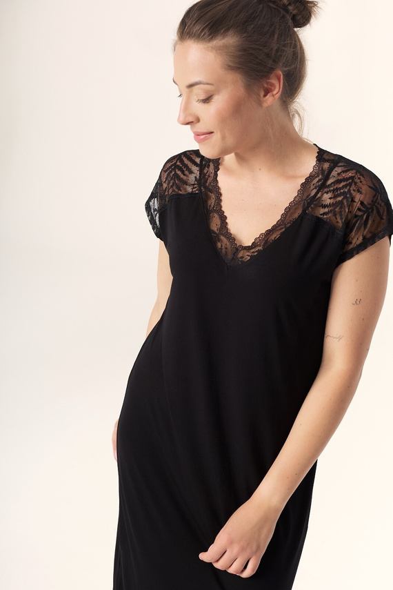 Черна нощница Petra KB59 Mefemi Nipplex – вискоза, дантела, къс ръкав, над коляното