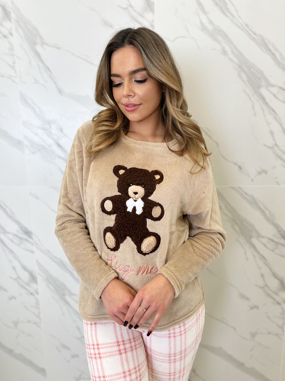 Дамска пижама Madlen Sorbetto, кафяво - полар, с бродерия плюшено мече и панталон на каре