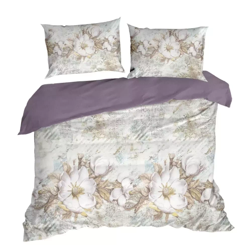 Пролет 26 Цветя спално бельо сатен евро пердета кремаво/лилаво