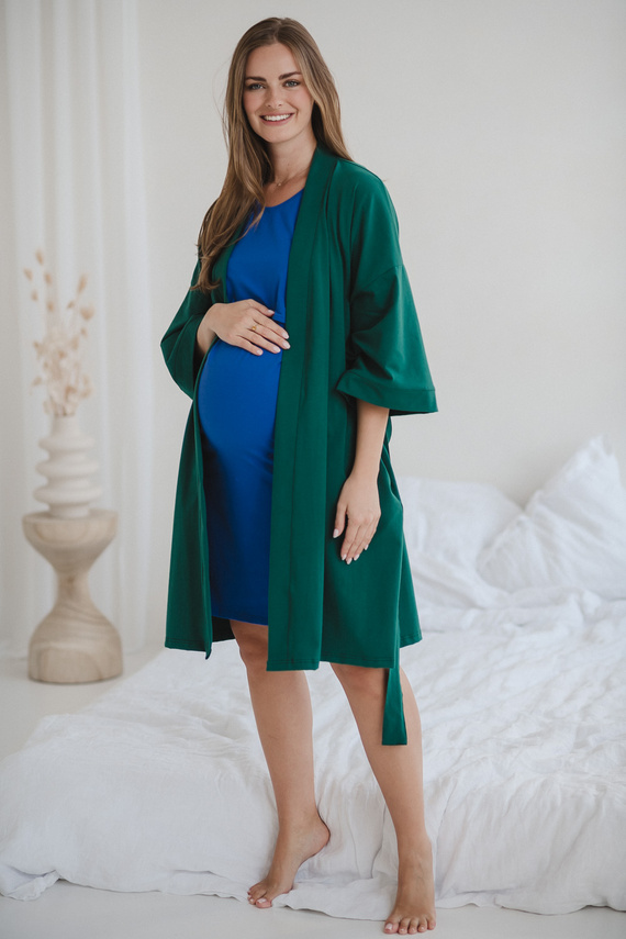 Халат за бременни Milk&amp;Love, бутилково зелен – памук с еластан, удобен, 7/8 ръкави