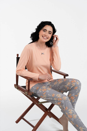 Kasali Дамска пижама с дълъг ръкав и панталон Италианска мода - сьомга/принт 