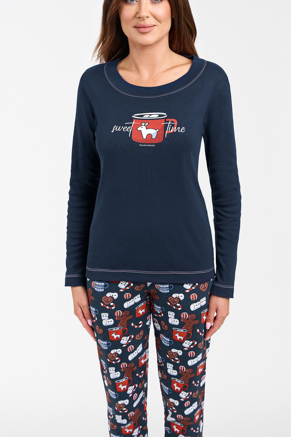 Makala Дамска пижама с дълъг ръкав и дълъг панталон Италианска мода - морско синьо/принт 