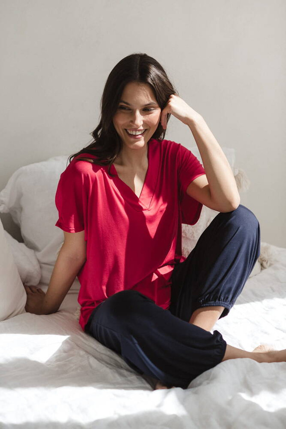 Moon bambusowa bluzka od piżamy ciążowej do karmienia krótki rękaw Milk&Love malinowy