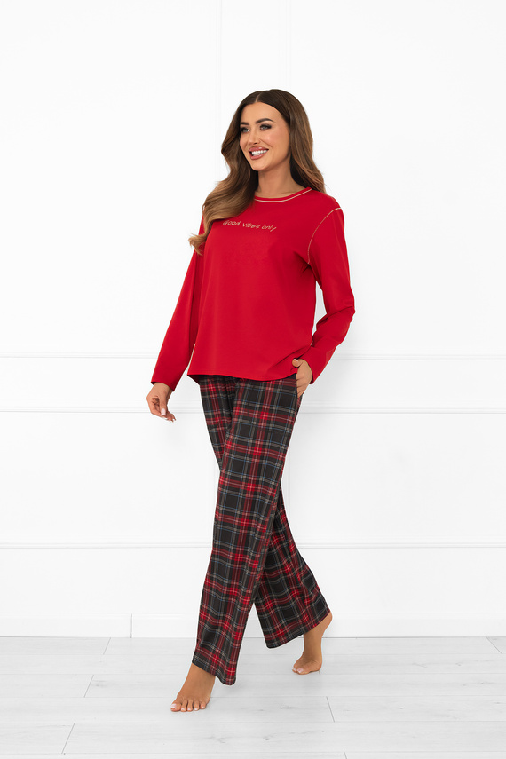 Дамска пижама Italian Fashion в червено - памук, дълъг ръкав и панталон, карирана 