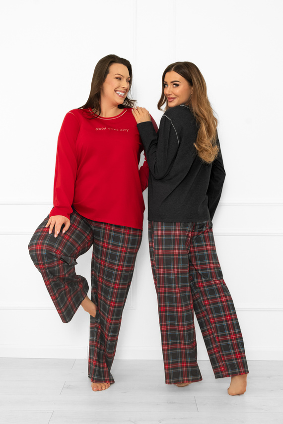 Дамска пижама Italian Fashion в червено - памук, дълъг ръкав и панталон, карирана 