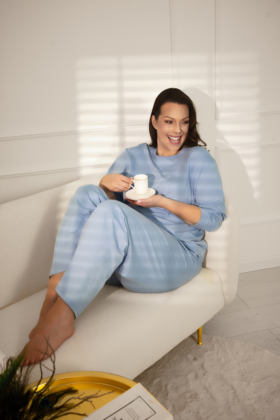 Дамска пижама Ksara Italian Fashion - памук, дълъг ръкав и панталон с джобове - стомана 