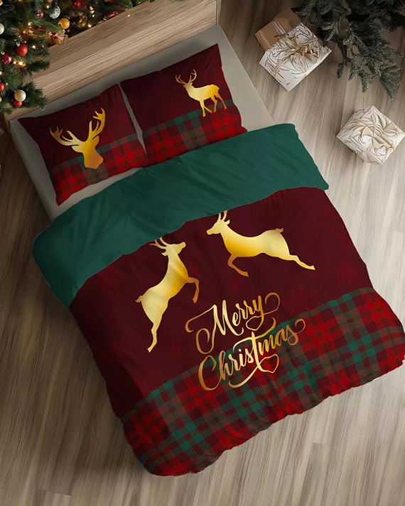 5827 Коледни мечти Комплект спално бельо от памук Detexpol с карета на северни елени Весела Коледа - Коледен комплект 100% памук