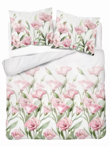 5328 A Спално бельо от сатен Розови цветя на бял фон Detexpol