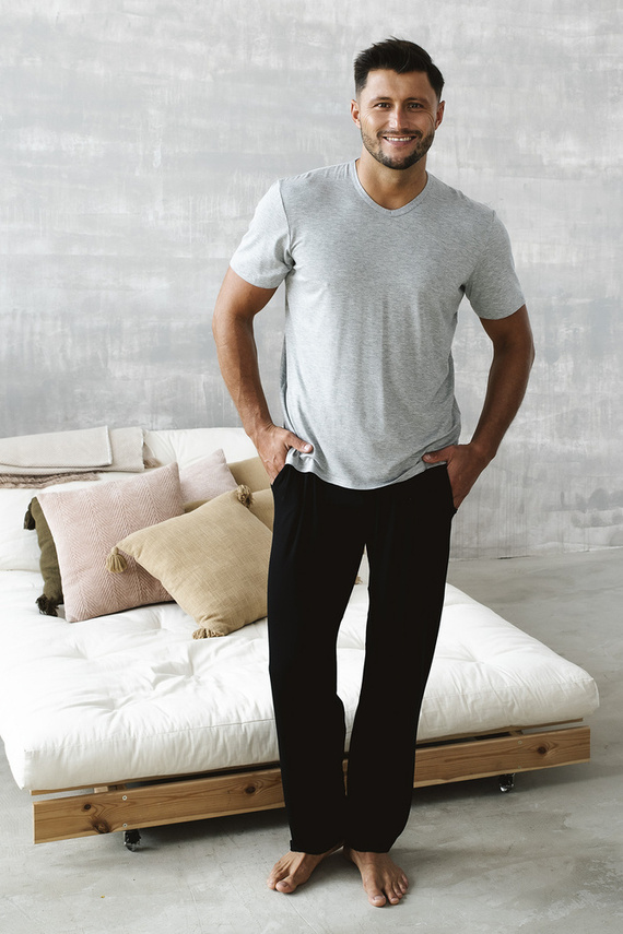 Dallas Мъжка пижама с къс ръкав и дълъг панталон Италианска мода - меланж/черно