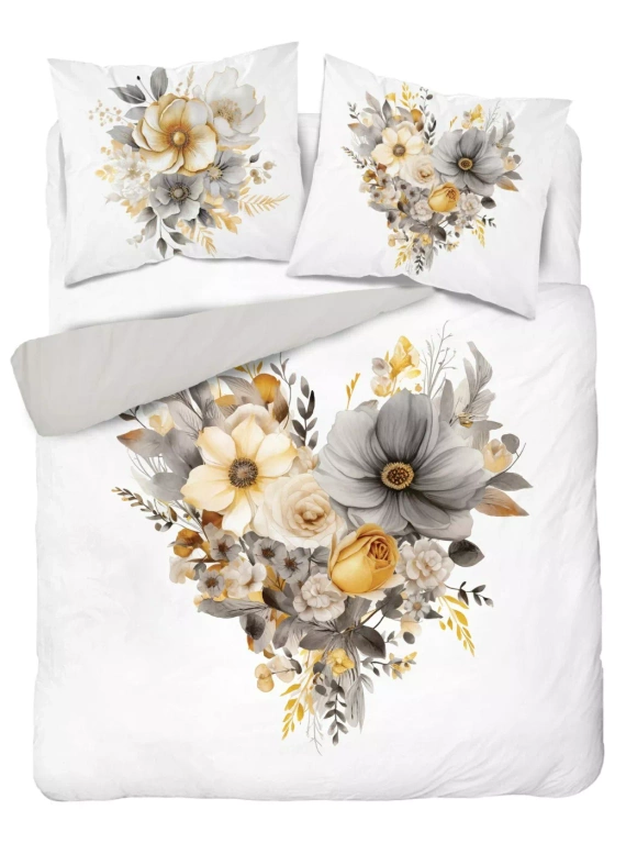 5125 Комплект спално бельо от памук Holland Detexpol, бяло с бежово и сиво цвете във формата на сърце – 100% памук, двустранен, полско производство