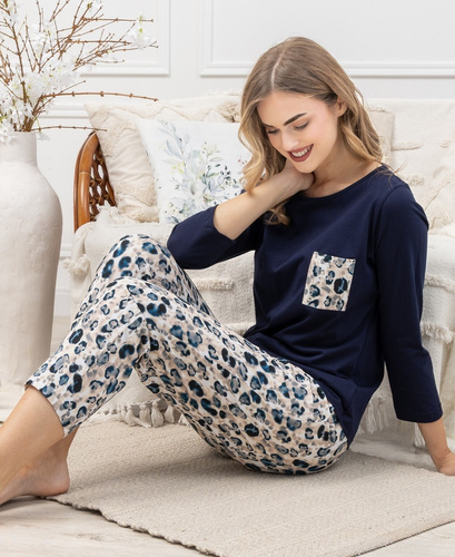 Дамска пижама Leveza Wiktoria 1664 - памук, тъмносиня, дълъг ръкав