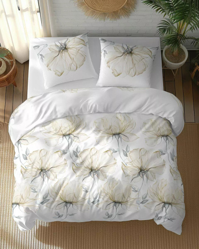 5770 B Cotton Bloom Памучно спално бельо Detexpol, бяло с едри кремави цветя – 100% памук, двустранно, полско производство