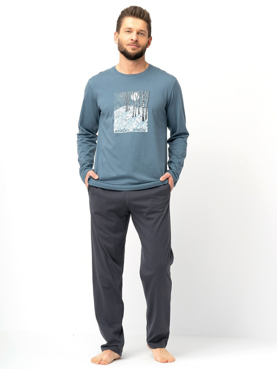 Мъжка пижама Key MNS 627 сива – памук, дълъг ръкав, класическа кройка