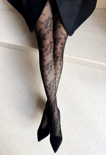 Черни мрежести чорапогащи Gia Veneziana с флорален мотив, без подсилени пръсти