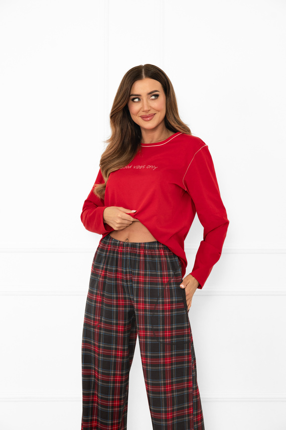 Дамска пижама Italian Fashion в червено - памук, дълъг ръкав и панталон, карирана 
