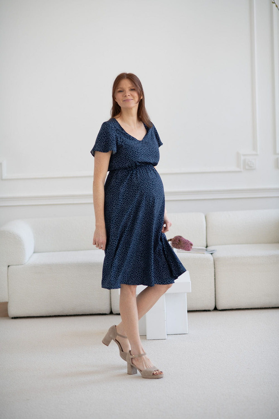 Lovely Dress Миди рокля за бременни и кърмачки, къс ръкав, Milk&Love, тъмносиня на точки