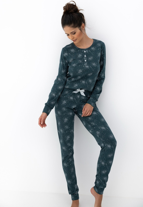 Дамска пижама Ellison Sensis, зелена - памучна пижама с дълги ръкави и оребрени маншети