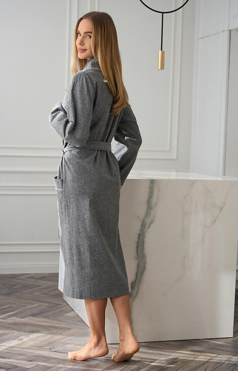 2530 Дамски халат Coco L&L в сив цвят - дълъг, памучен, с розов кант