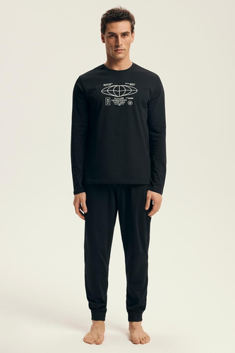 Мъжка пижама Henderson Core 43469 Loger, черно - памук, дълги ръкави, елегантна опаковка