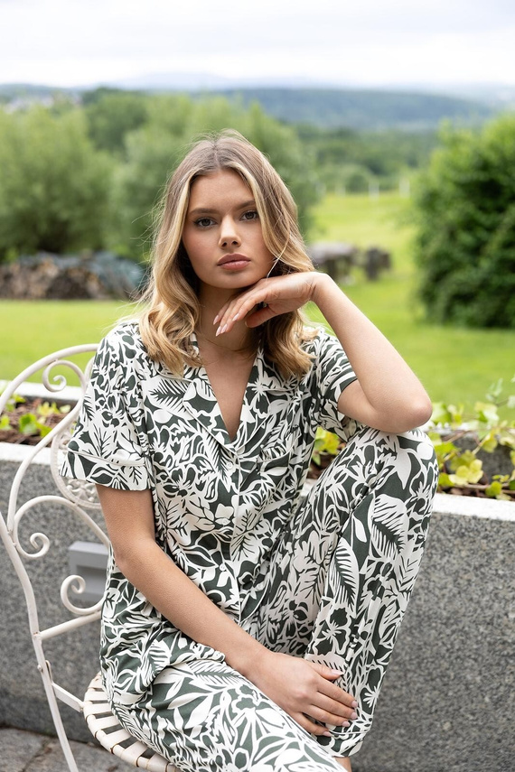 Дамска пижама Louise Sensis khaki-ecru от вискоза, риза с копчета и дълъг панталон