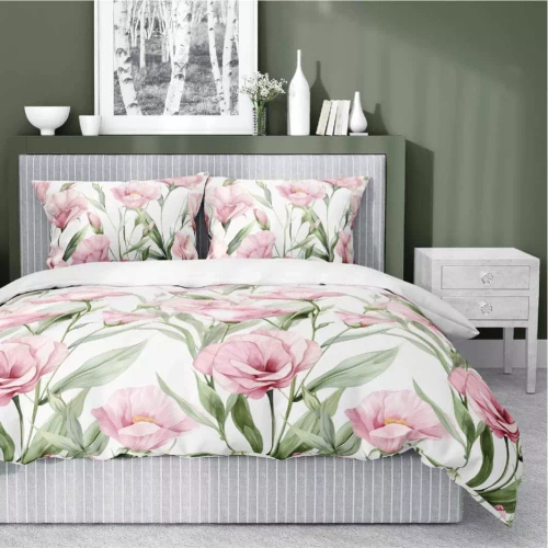 5328 A Спално бельо от сатен Розови цветя на бял фон Detexpol