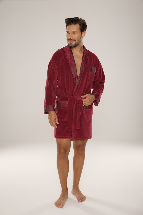 866 Noble Мъжки велурен халат De Lafense - къс, елегантен, памук - бордо
