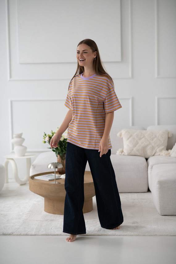 Тениска за бременност и кърмене Mamahood Milk&Love, медено и лилаво райе – удобно и стилно