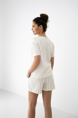 Дамска пижама Jemma Sensis ecru/беж, памук, къс ръкав, райе