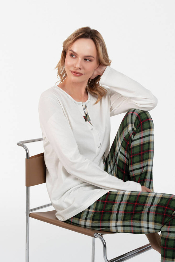 Asama Дамска пижама с разкопчани копчета, дълъг ръкав и дълъг панталон Италианска мода - екрю/принт