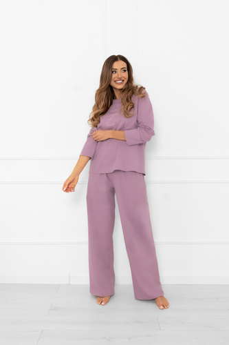 Дамска пижама Ksara Italian Fashion - памук, дълъг ръкав и панталон с джобове - heather