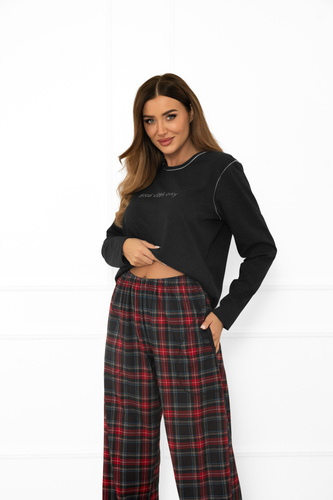 Италианска мода дамска пижама, тъмен меланж-памук, дълъг ръкав и панталон, карирана 