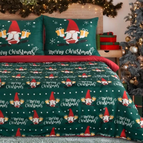 Коледно спално бельо Galdor от микрофибър европердета зелени червени гномчета - меко, леко и лесно за поддръжка, с цип