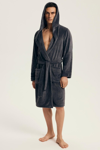 Мъжки халат Henderson 43447 Vocal, сив - с качулка, топла плетка, комфорт и елегантност