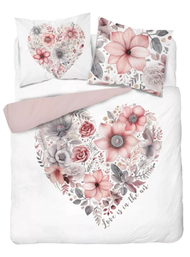 5126 Комплект спално бельо от памук Holland Detexpol, бяло с розово флорално сърце – 100% памук, двустранен, полско производство