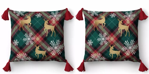 5381 Декоративна калъфка за възглавница Detexpol с елени и снежинки на кариран фон - цип