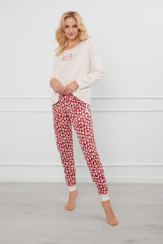 Evora Дамска пижама с дълъг ръкав и дълъг панталон Италианска мода - екрю/принт