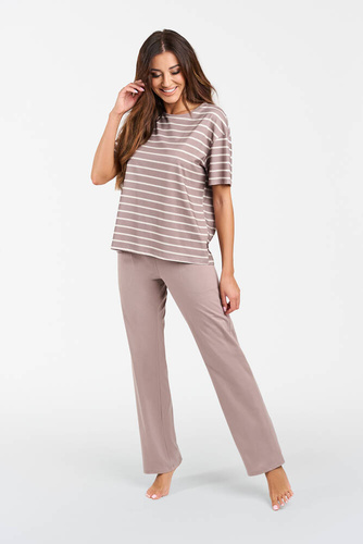 Betty Дамска пижама с къс ръкав и дълъг панталон Италианска мода - капучино/принт капучино