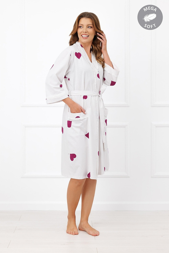 Italian Fashion Kioga дамски халат Mega Soft екрю със сърца, 3/4 ръкав