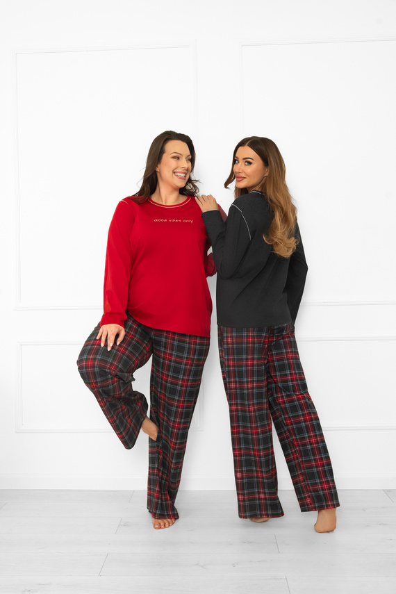 Италианска мода дамска пижама, тъмен меланж-памук, дълъг ръкав и панталон, карирана 