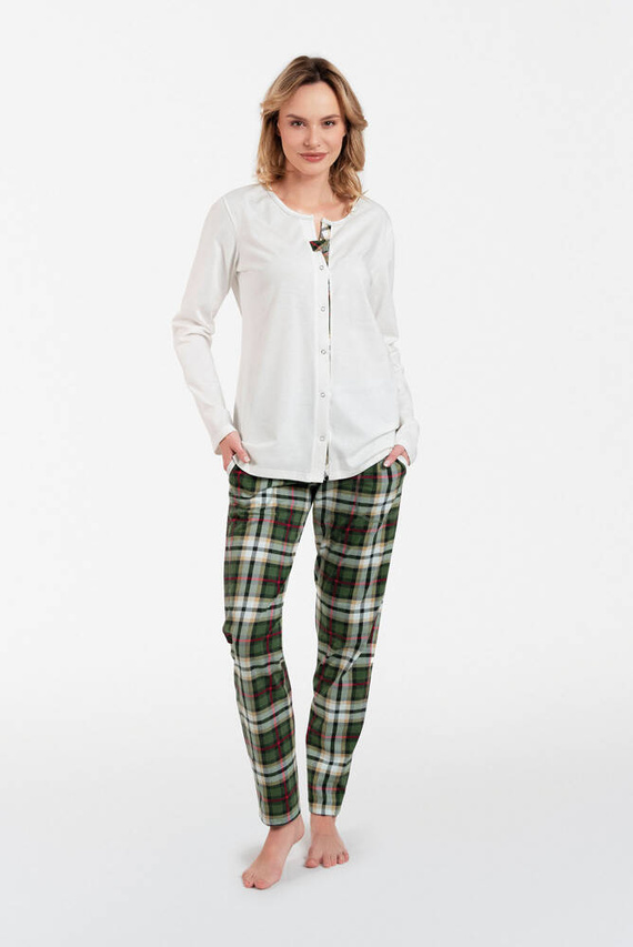 Asama Дамска пижама с разкопчани копчета, дълъг ръкав и дълъг панталон Италианска мода - екрю/принт