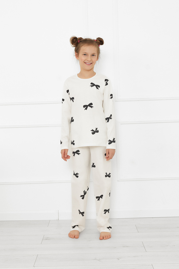 Пижама за момичета Fiocca - екрю, памук, дълъг ръкав и панталон Италианска мода 